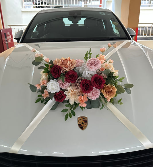 Autumn theme red and orange wedding car flowers Porsche