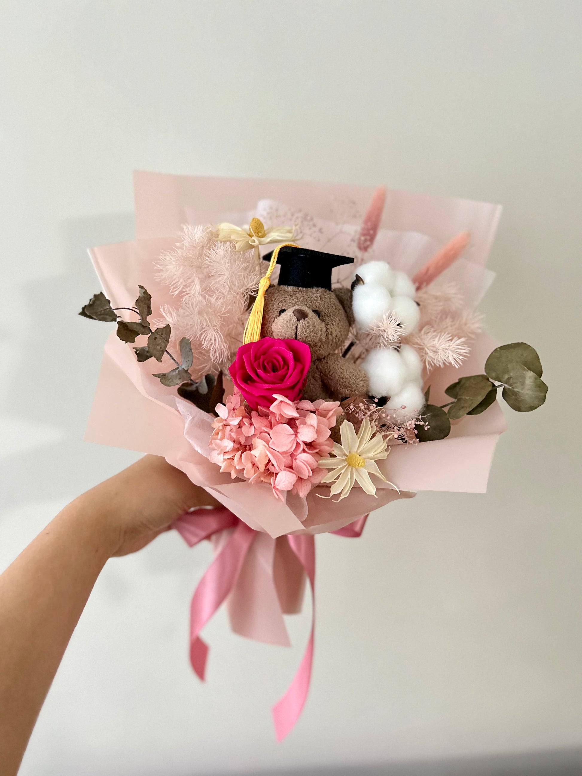 Pink rose graduation bear bouquet