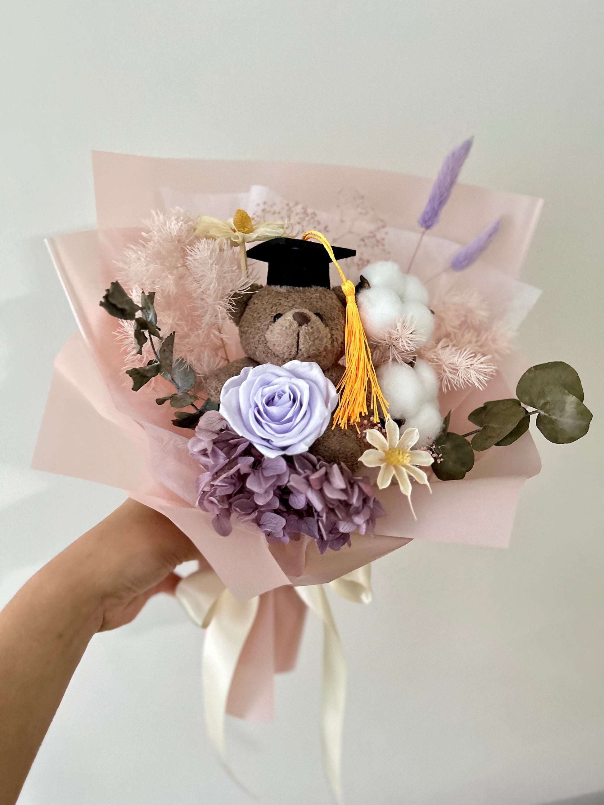 Purple rose graduation bear bouquet