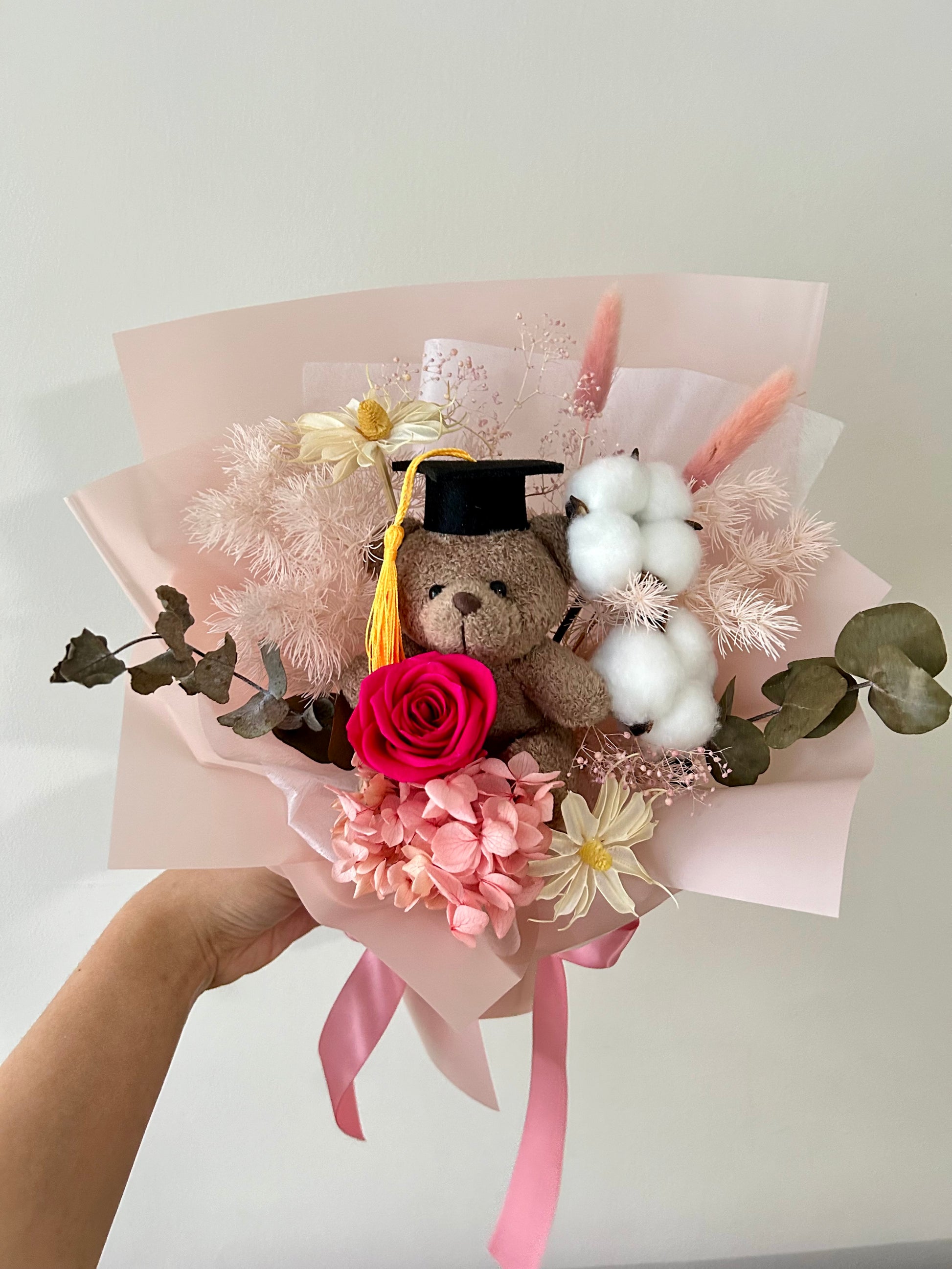 Pink rose grad bear flower bouquet