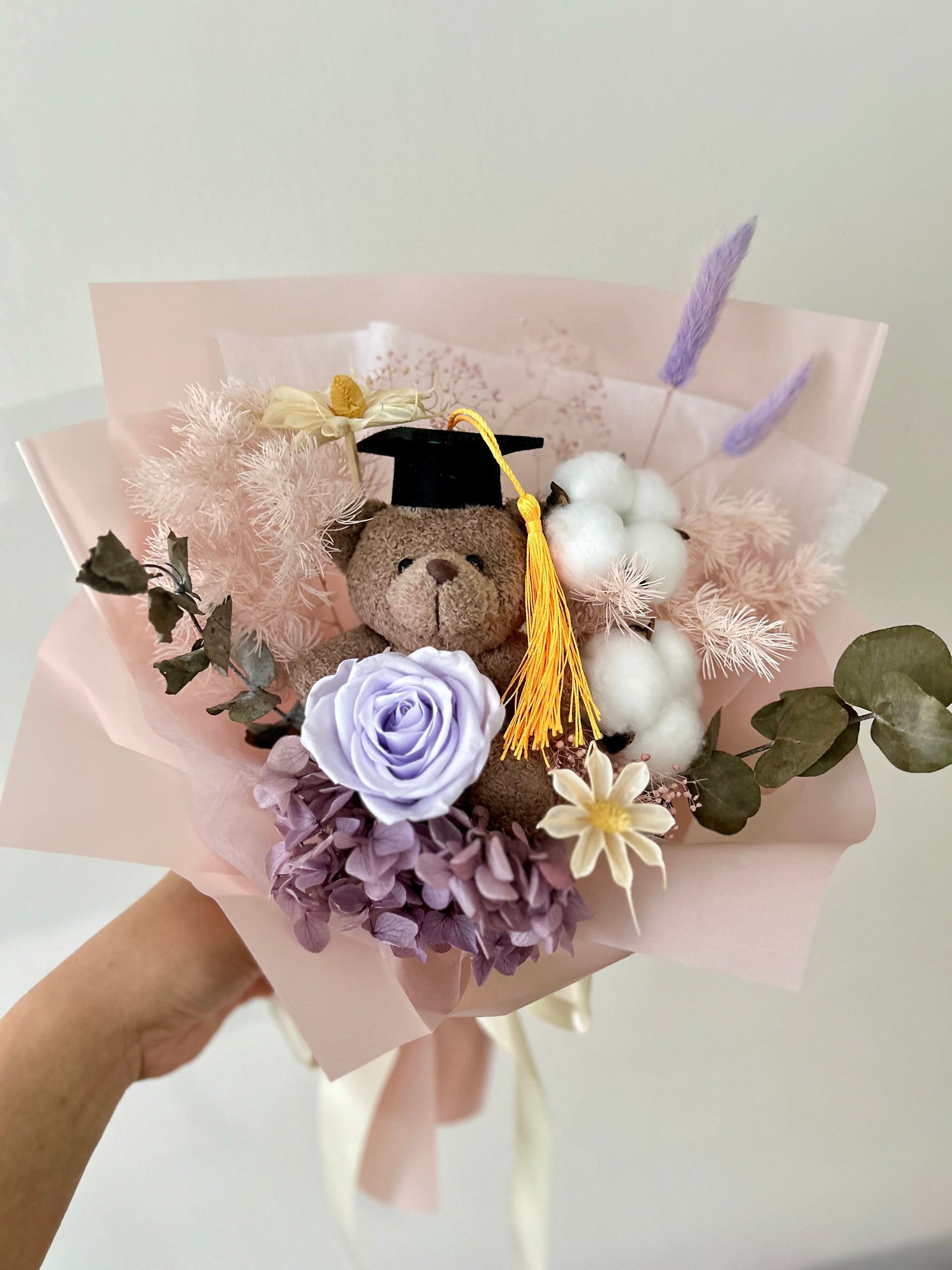 Purple rose grad bear bouquet