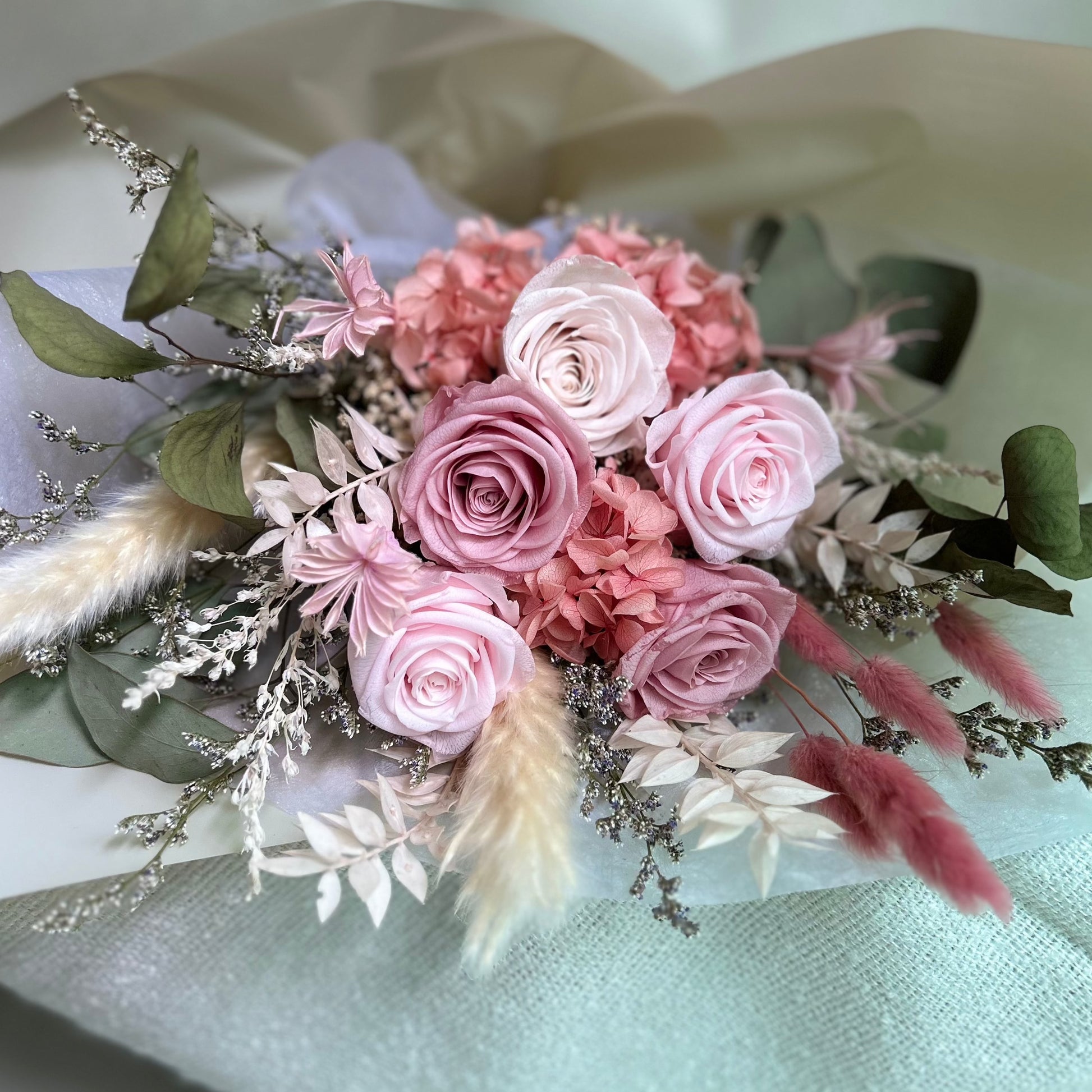 Preserved pink flower bouquet closed up